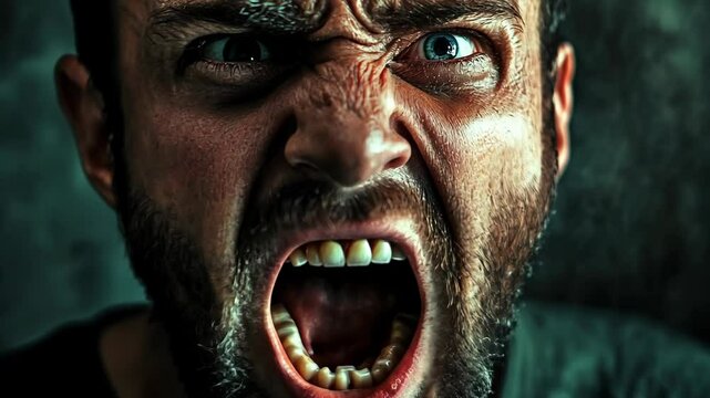 Intense emotional expression captured in close-up with a man yelling passionately in a dramatic setting