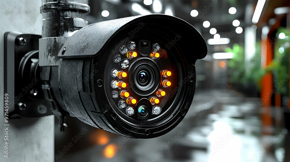 Poster a close-up of a surveillance camera, designed for security monitoring in a modern space.