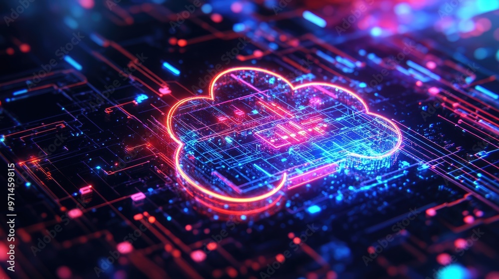 Poster high-tech digital network design featuring a stylized cloud logo and intricate technology patterns