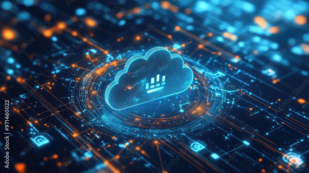 Poster modern digital design with a central cloud logo and a complex network of data connections and techno