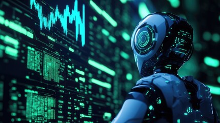Robot Analyzes Data with Futuristic Interface - AI, Machine Learning, Cyberspace, Technology, Digital World, Artificial Intelligence,