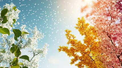 A vibrant display of colorful trees with blooming flowers and sunlight filtering through, creating a serene and joyful atmosphere.