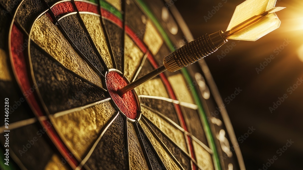 Poster realistic close-up of a dart hitting a dartboard, symbolizing achieving business objectives
