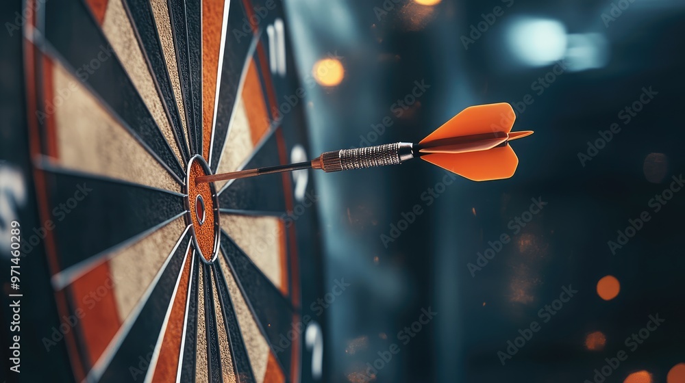 Poster realistic close-up of a dart hitting a dartboard, symbolizing achieving business objectives