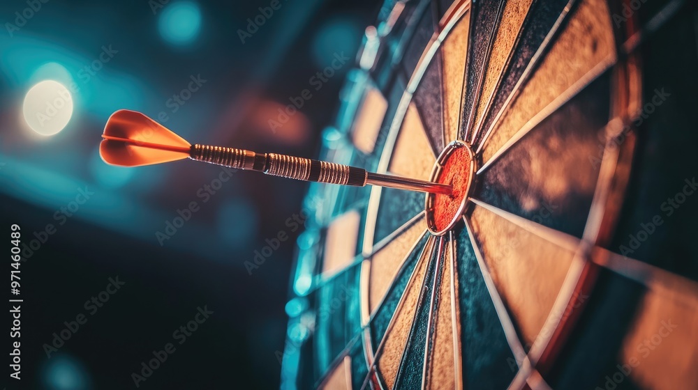 Poster realistic close-up of a dart hitting the bullseye on a dartboard, symbolizing achievement of objecti