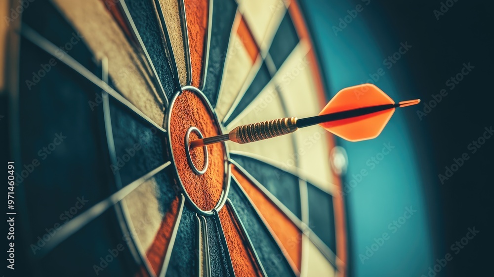 Poster realistic close-up of a dart hitting the bullseye on a dartboard, symbolizing achievement of objecti