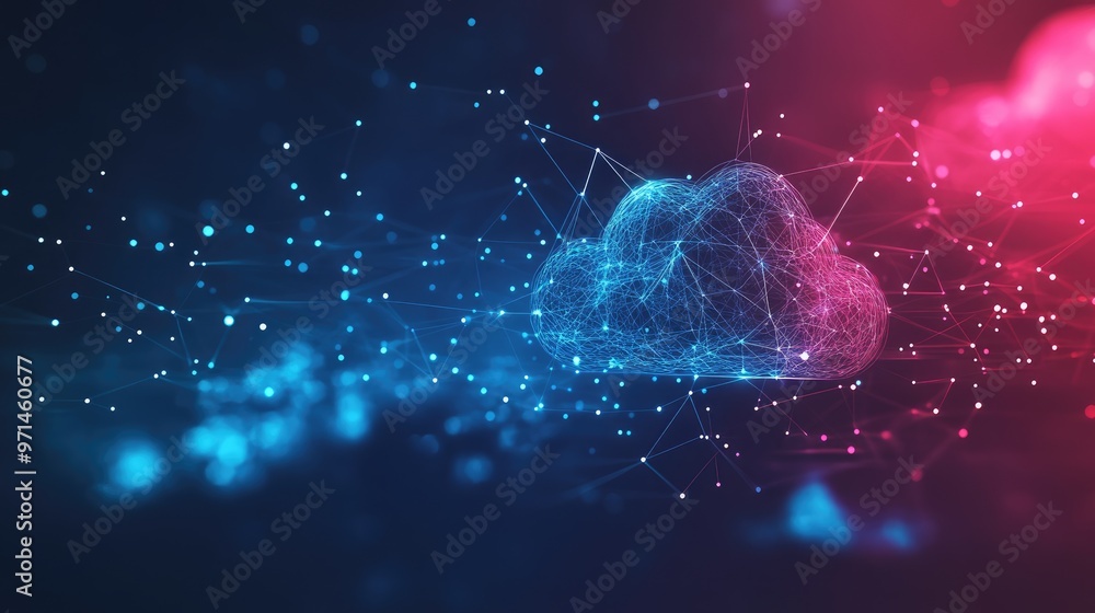 Poster Sleek abstract tech background featuring a stylized cloud logo and a network of interconnected nodes