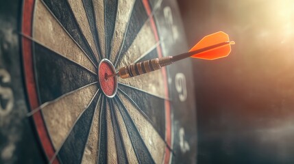 Realistic dartboard with a dart accurately hitting the target center, showcasing business success