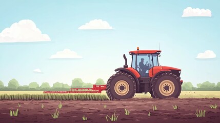 Fototapeta premium Cartoon Style Red Tractor in Field