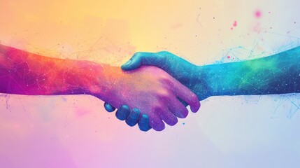 Hands shaking virtually with a colorful gradation background, representing the idea of digital collaboration and professional unity