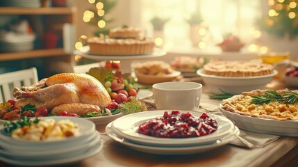 Fototapeta premium Thanksgiving dinner table set with a traditional holiday spread