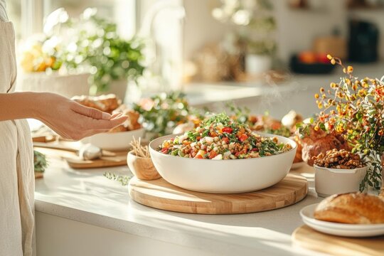 Thanksgiving dinner prep with handsfree voice commands to a smart assistant for recipe steps