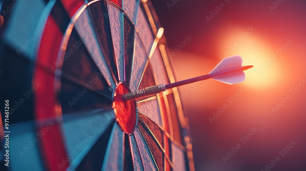 Poster realistic shot of a dart hitting the bullseye on a dartboard, representing accuracy in achieving bus