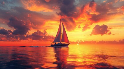 A big sailboat crossing the peaceful evening waters, with vibrant sunset colors of orange and red glowing over the horizon.
