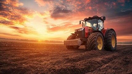 Fototapeta premium Sunset Over Agricultural Tractor