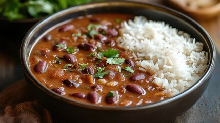 A bowl of rich, spicy rajma (kidney bean curry) paired with a serving of boiled rice. North Indian flavors in a homely setting.