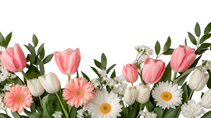 Obraz premium A beautiful arrangement of colorful flowers including tulips and daisies, perfect for spring celebrations and floral decorations.