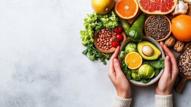 Fresh assortment of fruits and vegetables surrounded by hands, showcasing healthy eating and vibrant colors for nutrition concepts.