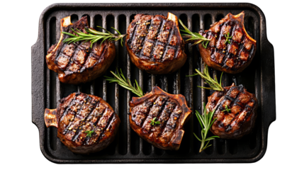 Grilled steaks with perfect markings, garnished with fresh herbs, ideal for culinary presentations and food photography.
