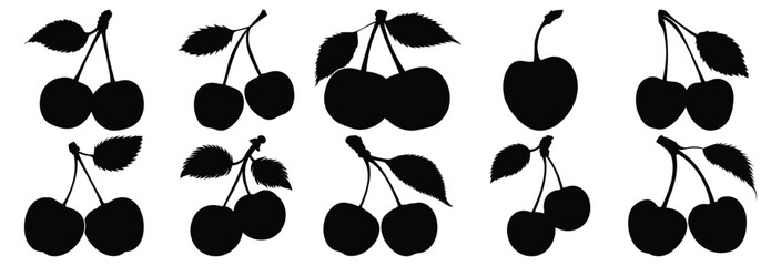 Cherry silhouettes set, fruit pack of vector silhouette design, isolated background
