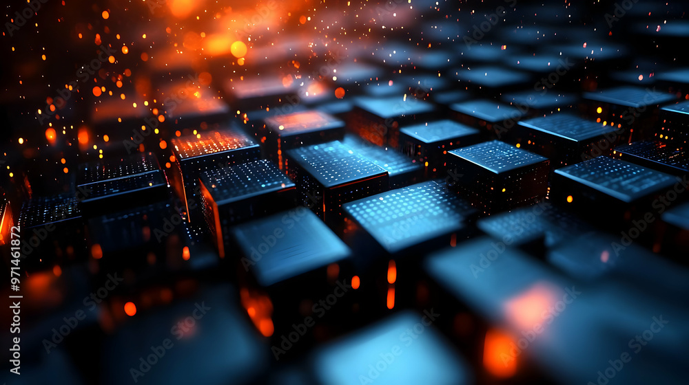 Poster a close-up view of a digital keyboard with glowing elements and a futuristic ambiance.