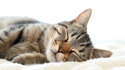Sleeping Tabby Cat on White Background - Close Up