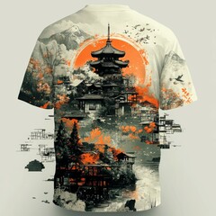 Obraz premium Japanese Temple Sunset T Shirt Design with Abstract Elements
