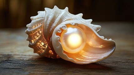 Obraz premium A carved shell wraps around a luminous pearl, the detailed design adding an elegant touch to the smooth, glowing surface of the gem.