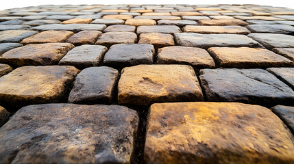 A close-up view of textured cobblestones, showcasing their earthy tones and arrangement.