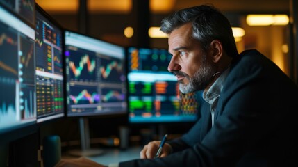 Focused Businessman Analyzing Financial Charts on Multiple Monitors