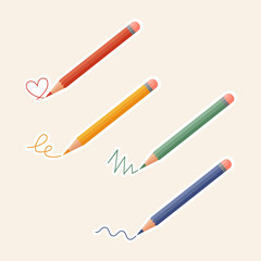 Set of four pencils. Crayon brush stroke color underline. Cute design for education, stationery decorative, gift wrapping and packaging. Vector illustration in flat style.