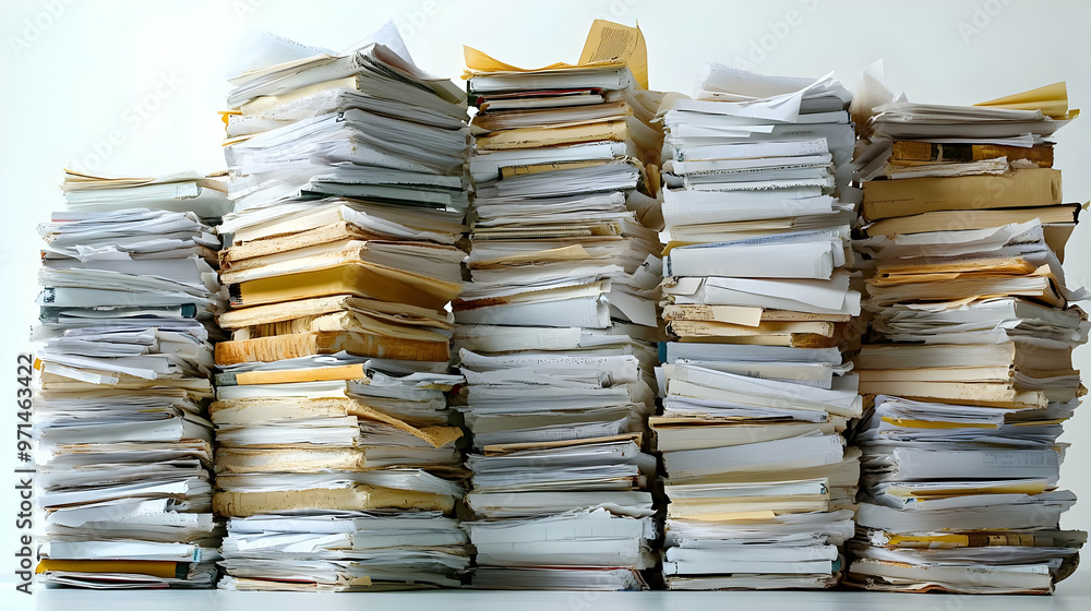 Poster a cluttered workspace with stacks of papers and documents.