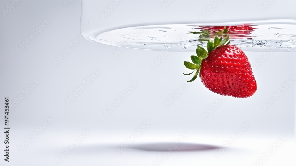 Poster a strawberry suspended in water, creating a visually striking and refreshing image.