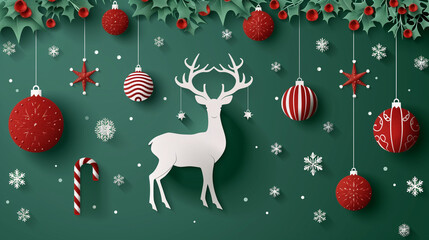 Merry christmas greeting card vector design. Christmas hanging balls, deer, candy cane, ornaments and xmas elements in elegant green background. Vector illustration greeting card design.