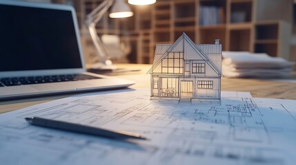 Detailed floor plan blueprints of a house pinned to a board, with a laptop and architectural books nearby on a desk
