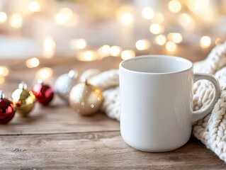 Blank mug on a rustic wood table with a cozy knit blanket, Christmas baubles, and warm fairy lights, winter vibe