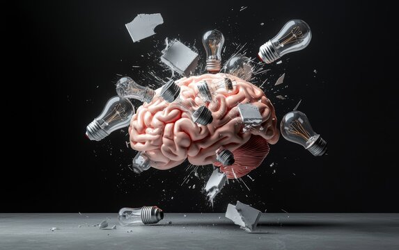 A brain disintegrating into shards of light bulbs, each piece symbolizing a bright idea or moment of inspiration