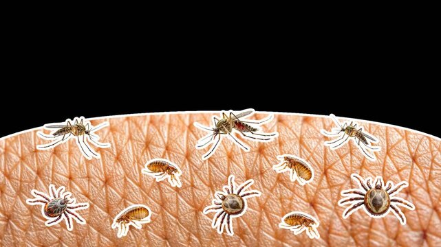A patch of human skin appears, mosquitoes, ticks and fleas fly to it, want to suck blood. Pest insect concept. Empty space for text. Smooth animation on transparent background