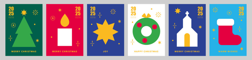 Christmas card templates.Icons in abstract modern geometric flat style.Winter poster set.Christmas wreath, Christmas star, church and candle.Season's greetings.Happy holidays.Vector illustration.