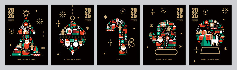 Christmas card templates.Icons in abstract flat style.Winter poster set.Christmas toy, Snow Globe, Christmas mitten, Christmas tree and Candy Cane.Season's greetings.Happy holidays.Vector illustration