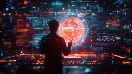 Digital World Exploration - 3D Person Engaging with Futuristic Technology amidst Holographic Displays and Virtual Interfaces