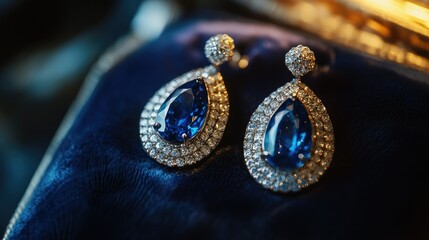 A close-up shot of delicate sapphire earrings resting on a velvet cushion, illuminated by soft natural light to enhance their brilliance, creating an elegant composition