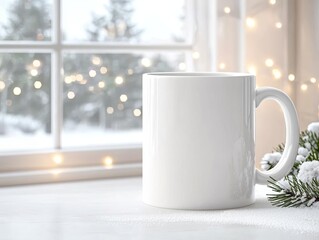 Blank mug with a snowy window and twinkling Christmas lights in the background, perfect for winter-themed branding