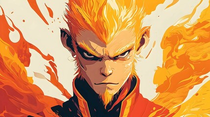 Naklejka premium Fiery Wukong Anime Character Portrait with Orange and Yellow Background