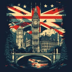 London Skyline with Big Ben and Union Jack Flag