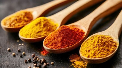 A colorful assortment of powder spices in wooden spoons, including chili powder, turmeric, and cumin, arranged on a dark wooden surface.