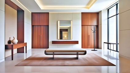 Modern luxury art gallery lobby area with natural light in big windows, wooden furniture and mirror