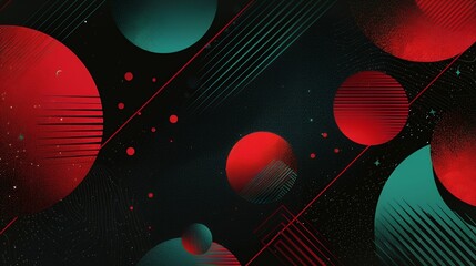 Abstract geometric pattern with red and teal circles on a black background.