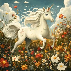 Magical Unicorn in a Field of Flowers