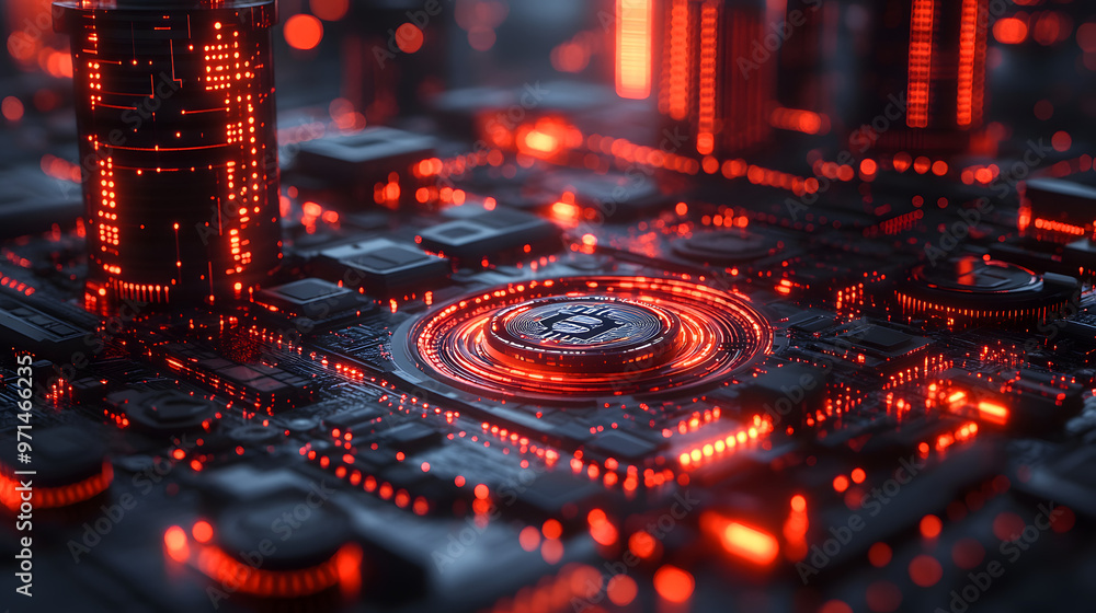 Poster abstract futuristic cityscape with glowing red lights and circuits. a technological representation o